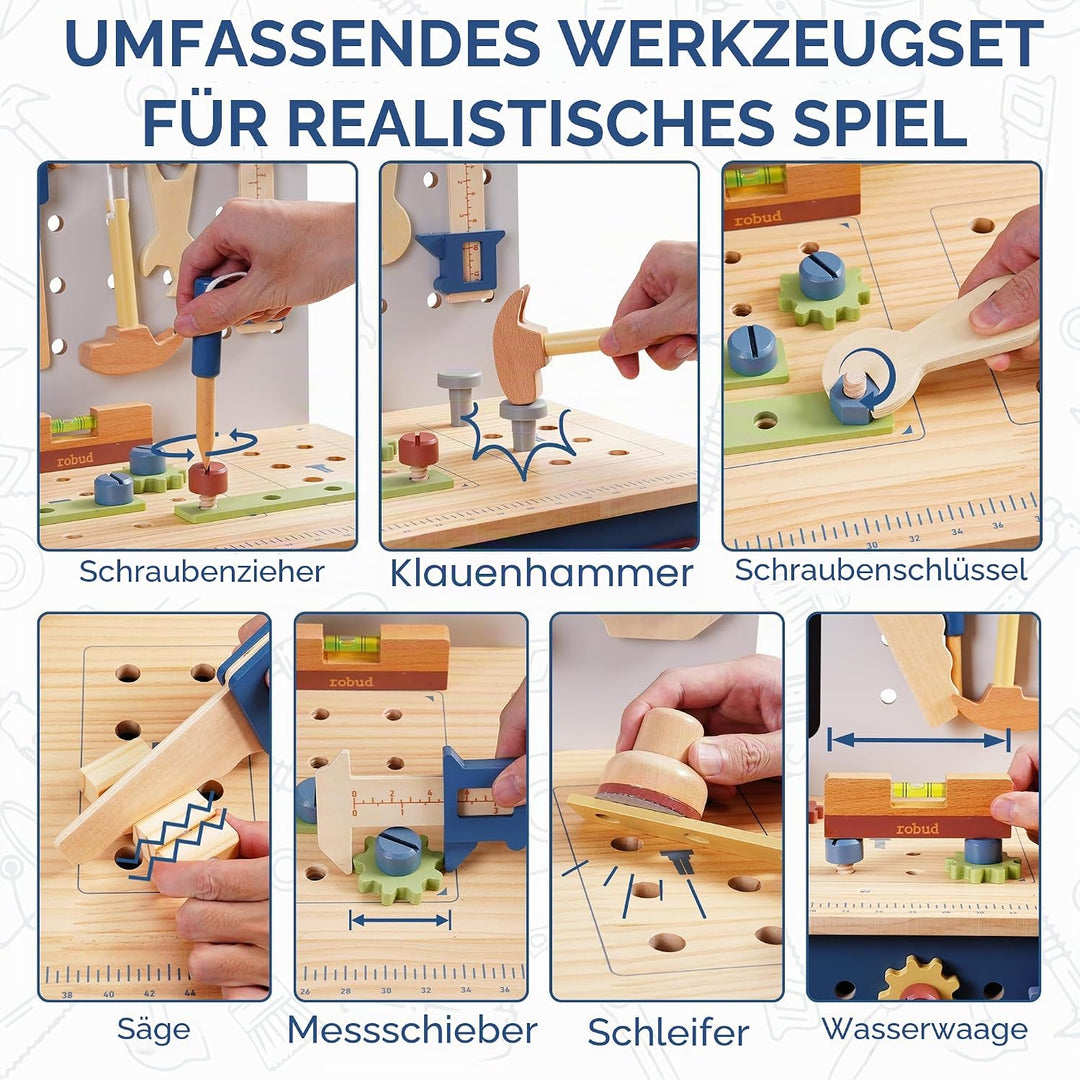 ROBUD Holzspielzeug Werkbank, Grosses Kinder Holz Spielwerkzeug, Pretend Play Creative Building Set,