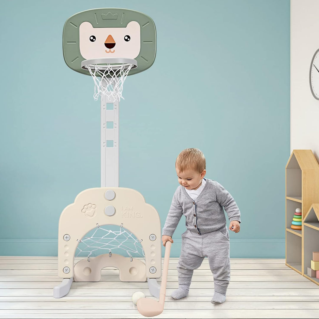 DREAMADE 3 in 1 Kinder Basketballkorb Set, 77-116 cm höhenverstellbarer Basketballständer mit Fussba