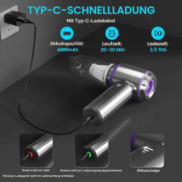 Handstaubsauger Akku, 20000PA Handstaubsauger Kabellos mit Bürstenloser Motor, 4-in-1 Autostaubsauge