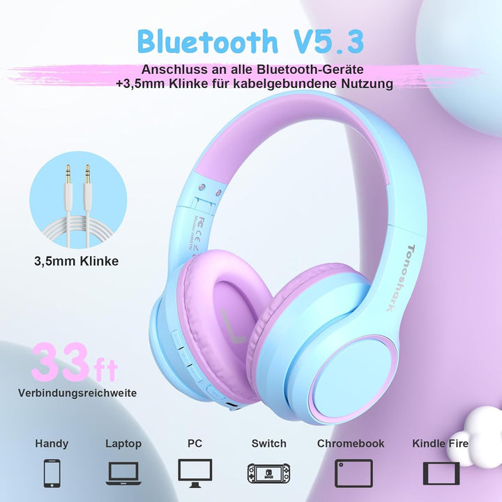 TONOSHARK Kinderkopfhörer Bluetooth | Bluetooth Kopfhörer Kinder | Noise Cancelling Kopfhoerer Kinde