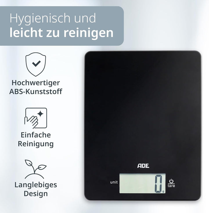 ADE Digitale Küchenwaage mit 5 kg Tragkraft | präzise Grammwaage | grosses Display | extra flacher K
