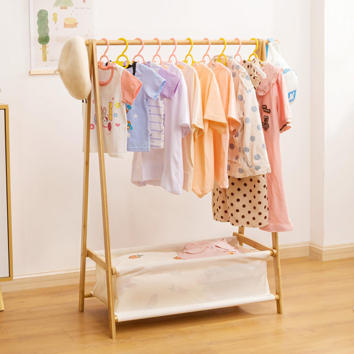 Yorbay Kinder Kleiderständer Bambus Garderobenständer mit Aufbewahrungskiste, Kindergarderobe mit Kl