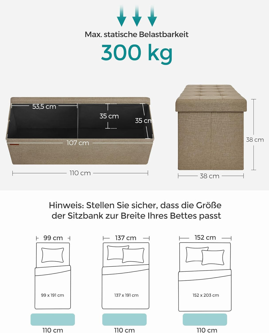 SONGMICS Sitzhocker mit Stauraum, klappbare Sitzbank, 38 x 110 x 38 cm Fussbank, Aufbewahrungsbox, b