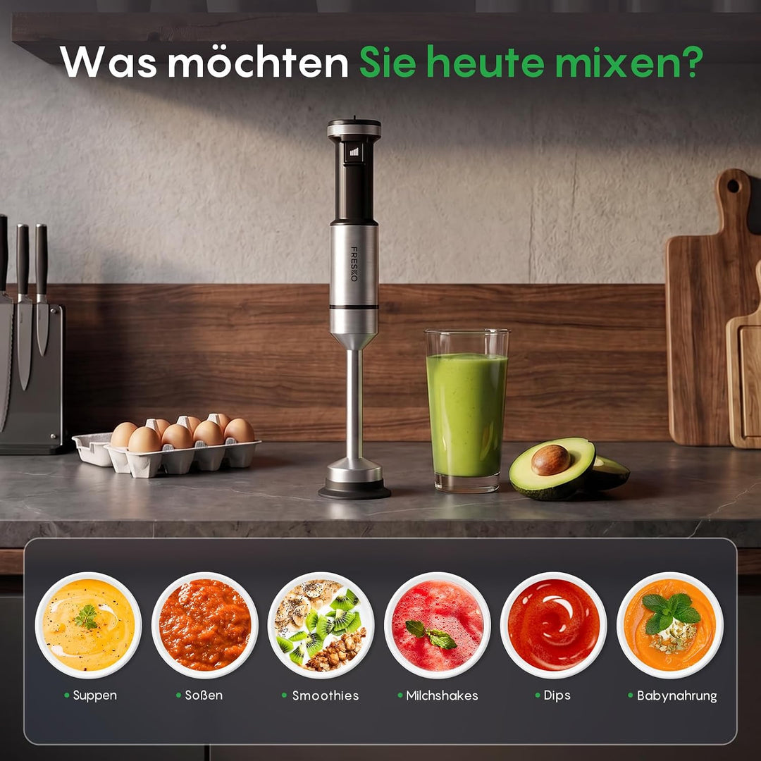 FRESKO Stabmixer 1000W, Stufenlos Regulierbare Geschwindigkeiten, Pürierstab aus Edelstahl mit Schut