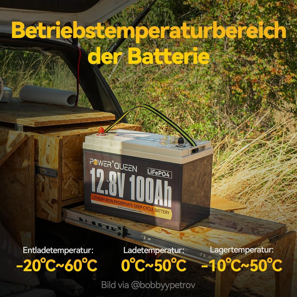 Power Queen 12V 100Ah LiFePO4 Batterie, 1280Wh Lithium Batterie mit 100A BMS, Max.15000+ tiefe Zyklu