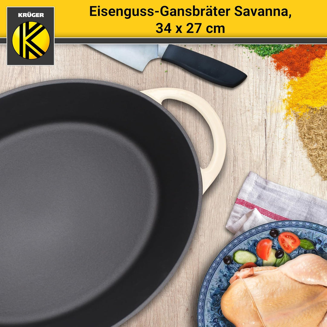 Krüger Gusseisen Gansbräter mit Deckel - emailliert - hohe Hitzebeständigkeit und sehr gute Wärmespe