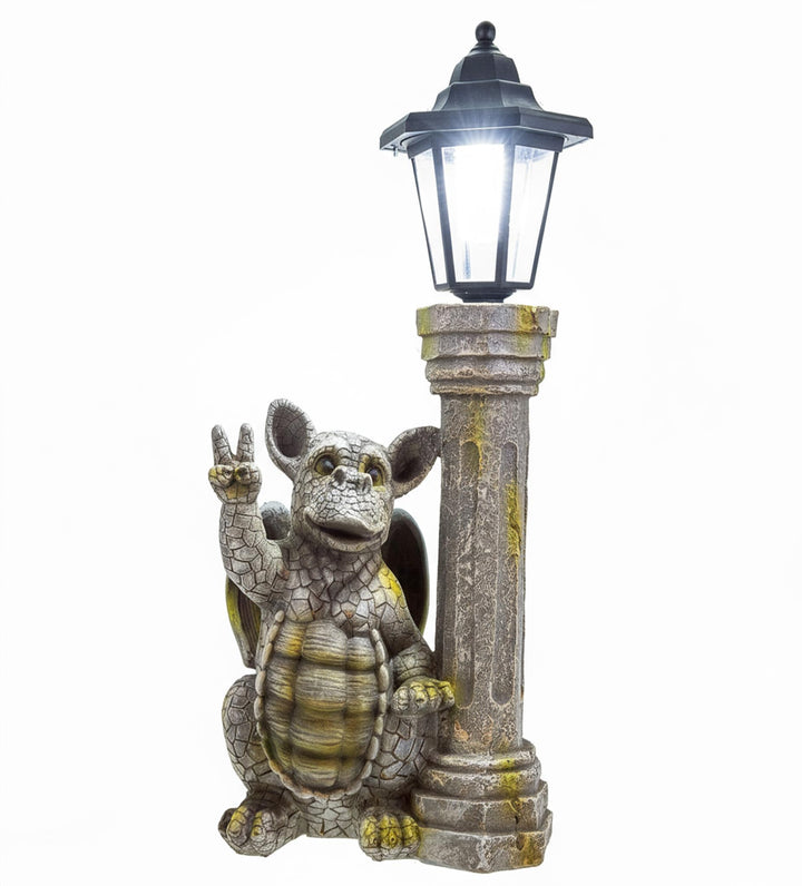 Kremers Schatzkiste Gartenfigur Drachenkind Peacezeichen mit Solar Laterne Drache Figur Gargoyle