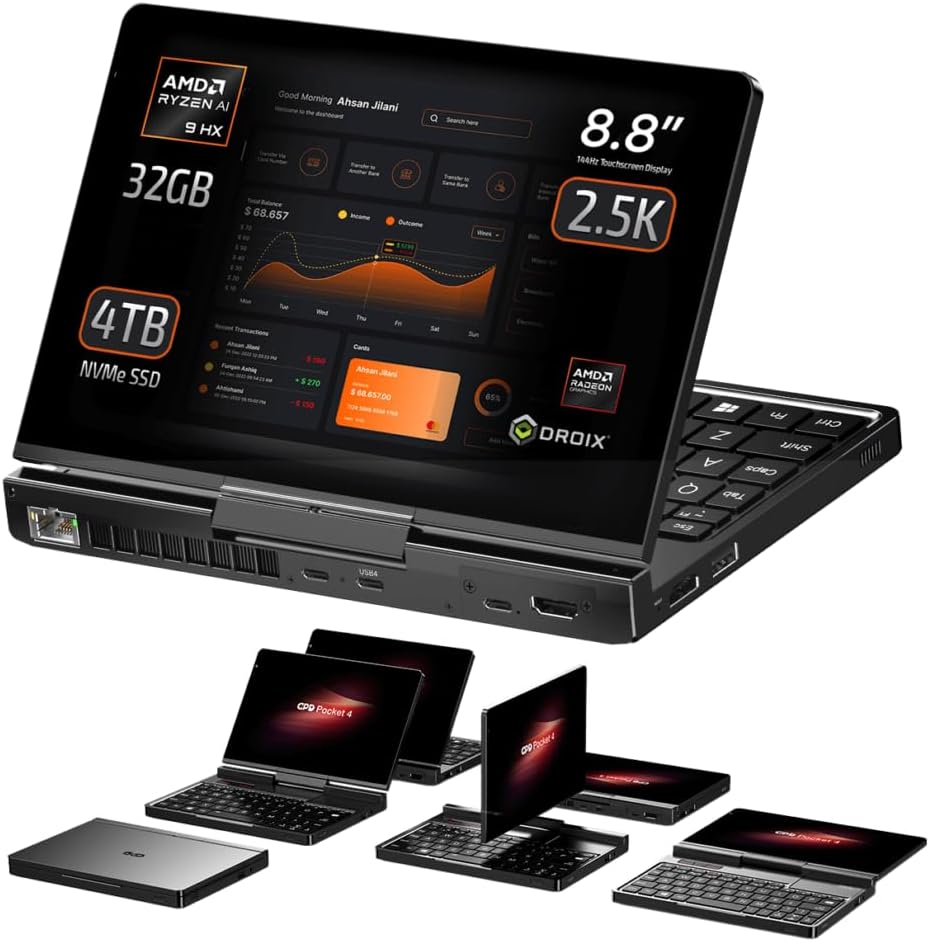 GPD Pocket 4: Mini-Laptop mit AMD Ryzen AI 9 HX 370 CPU, Radeon 890M GPU, 32GB LPDDR5X RAM, 4TB PCIe