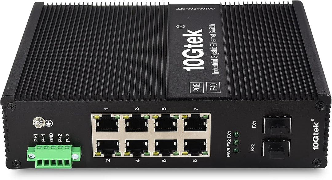 10Gtek 10-Port Industrial DIN-Rail Ethernet Switch Hutschiene, POE 802.3af/at, IP40, 2X Gigabit SFP