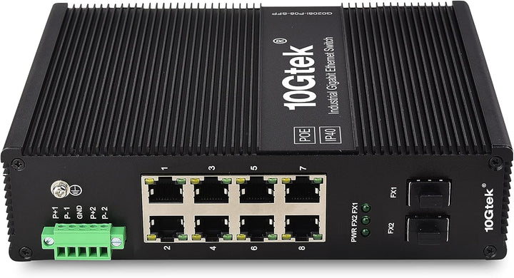 10Gtek 10-Port Industrial DIN-Rail Ethernet Switch Hutschiene, POE 802.3af/at, IP40, 2X Gigabit SFP