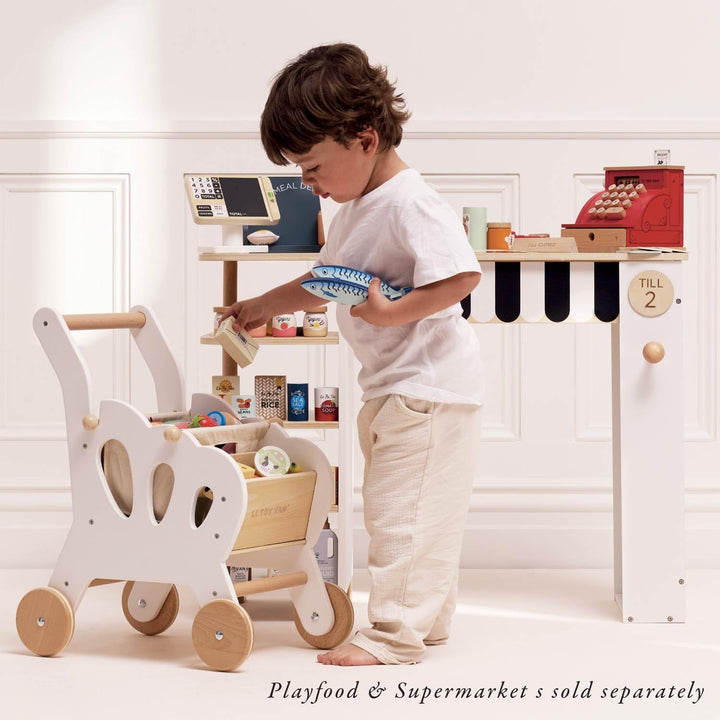 Le Toy Van – Honeybake Einkaufswagen aus Holz mit abnehmbarer Tasche | Supermarkt-Rollenspiel Lebens