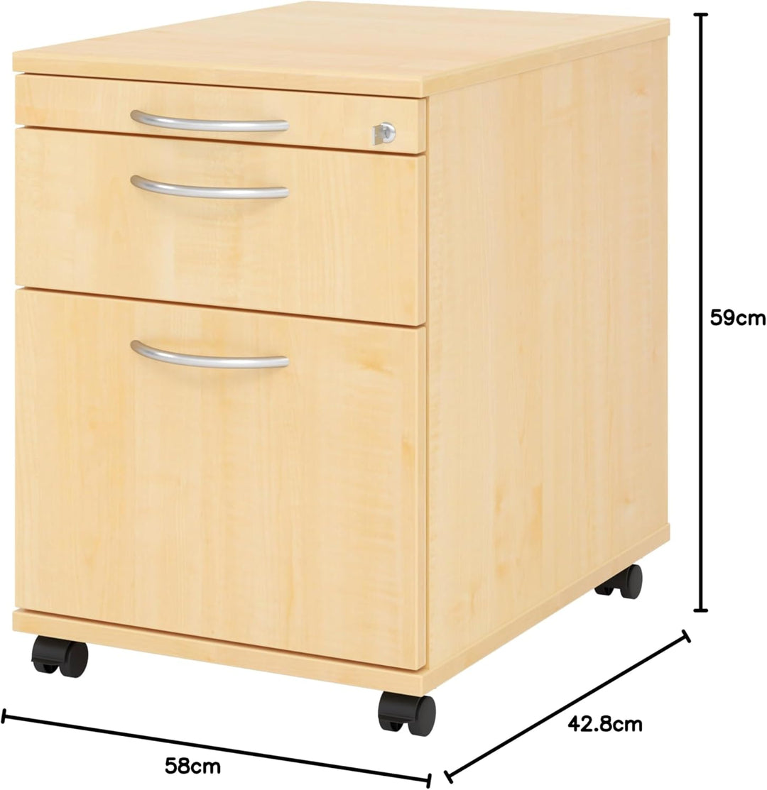 bümö Rollcontainer mit Hängeregistratur, Container abschliessbar aus Holz in Ahorn - Rollwagen für's