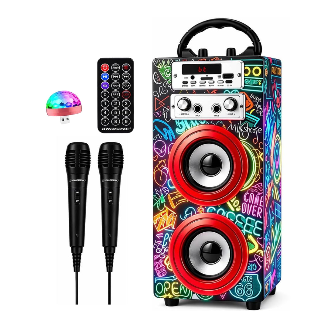 DYNASONIC Karaoke mit 2 Mikrofonen, tragbarer Karaoke-Maschine, Bluetooth-Lautsprecher, USB- und SD-