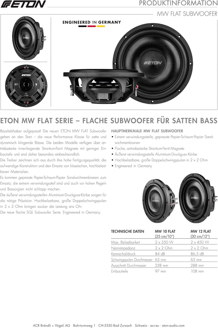 ETON MW 12 Flat – Kraftvoller, Flacher 30 cm / 12 Zoll Subwoofer, Langhub Bass fürs Auto, Tiefton La