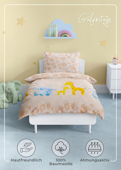 Gräfenstayn® 2-tlg. Kinderbettwäsche Set mit Tiermotiv und integriertem Reissverschluss - aus 100% B