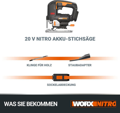 WORX NITRO WX542.9 Akku-Pendelhub-Stichsäge 20V - Bürstenloser Motor - Profi Stichsäge Mit Absaug-Ad