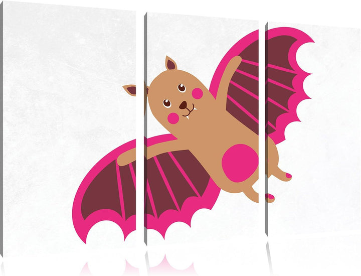 Pixxprint Niedliche Fledermaus / 3-Teilig/Gesamtmass 120cm Leinwandbild bespannt auf Holzrahmen/Wand