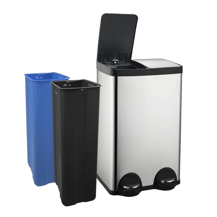 Mülleimer Küche 60l, 2x30L Mülltrennsystem, Tretmülleimer, Silber | Mülleimer 2 Fächer, Edelstahl, H