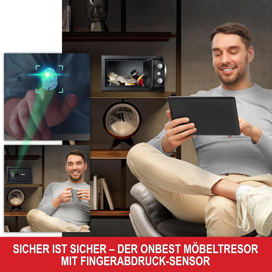 ONBEST elektr. Tresor, Safe mit Fingerabdruck, Zahlen code & Schlüssel – Safe aus Stahl mit 2 Schlie