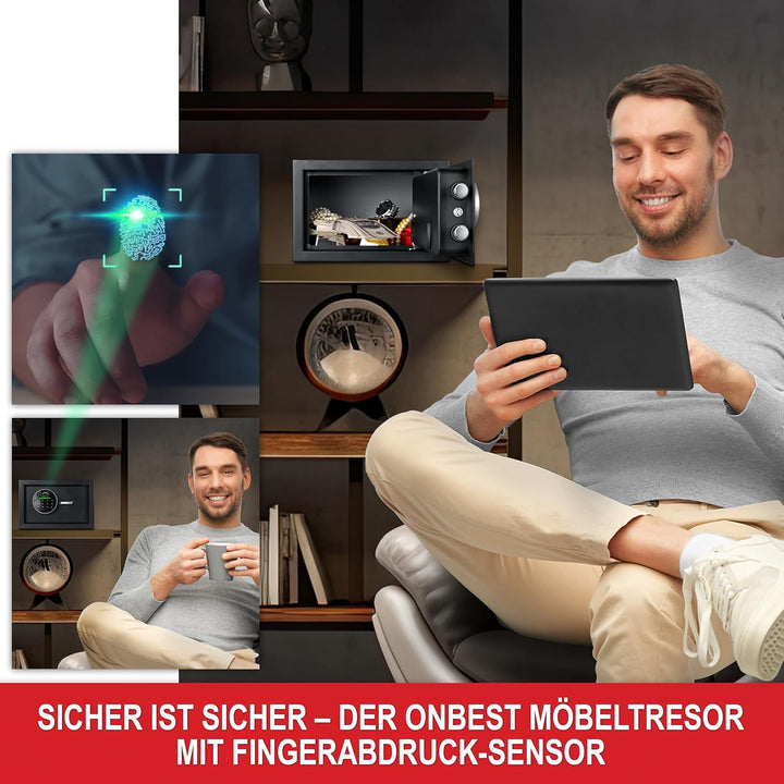 ONBEST elektr. Tresor, Safe mit Fingerabdruck, Zahlen code & Schlüssel – Safe aus Stahl mit 2 Schlie