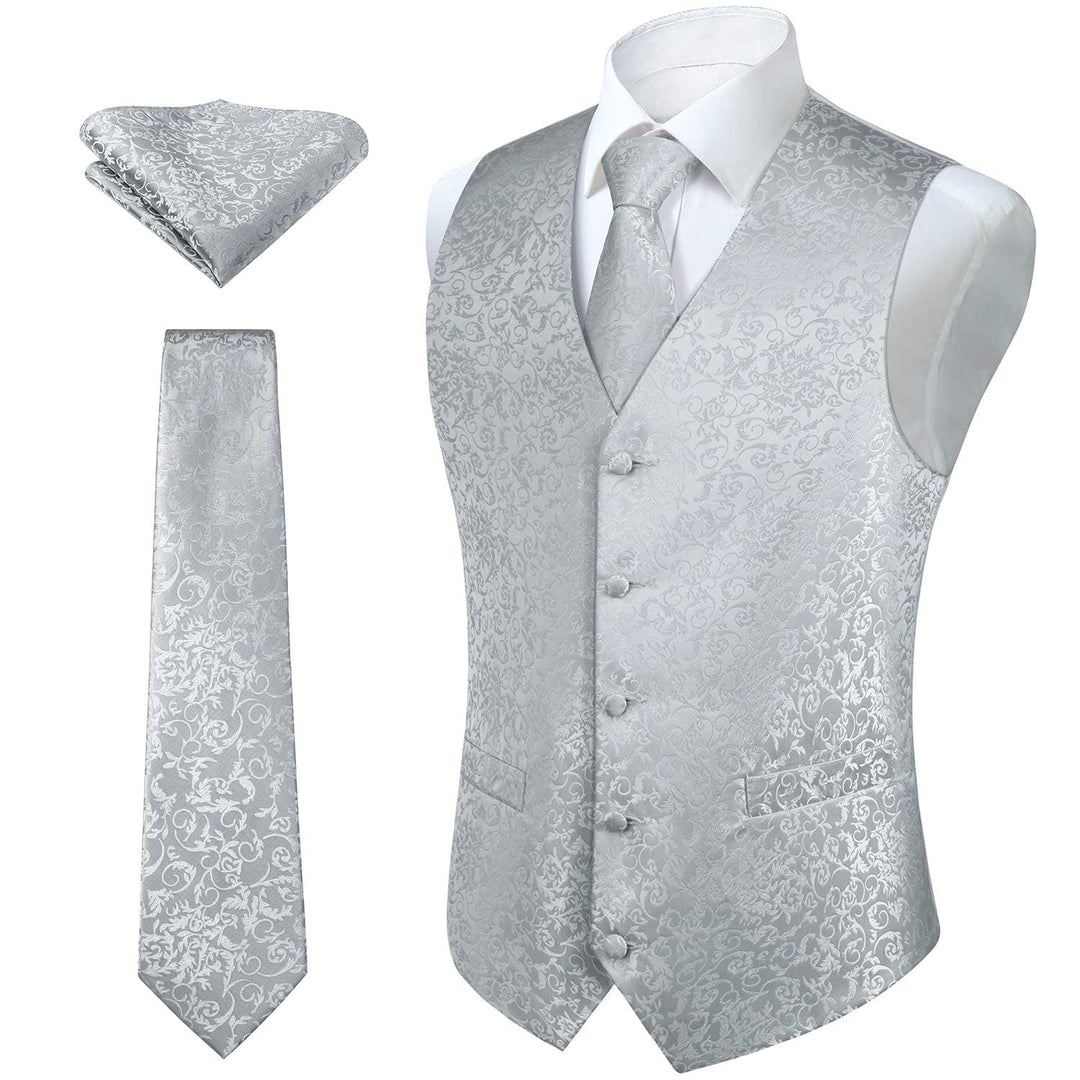 HISDERN Herren FLoral Hochzeit Weste Krawatte Einstecktuch Taschentuch Jacquard Weste Anzug Set L Si