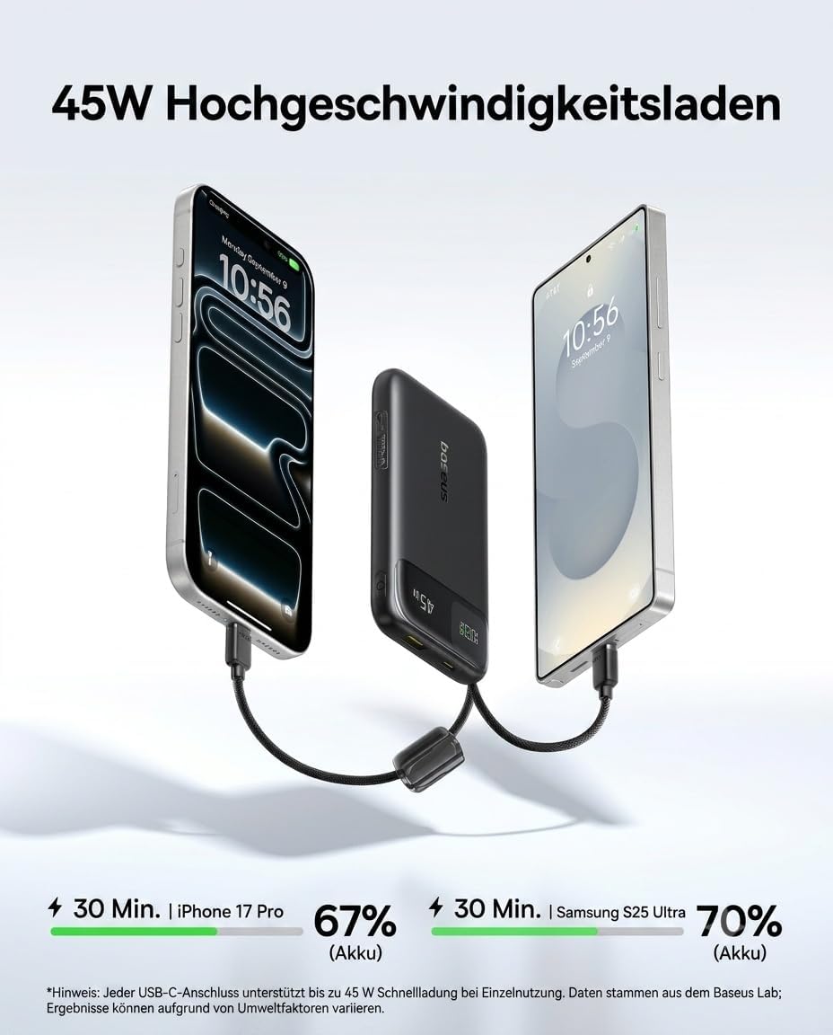 Baseus FC11 Powerbank 45W 10000mAh mit 2 Integriertem USB-C Kabel, Power Bank Klein CCC Zertifizieru