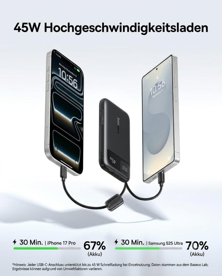 Baseus FC11 Powerbank 45W 10000mAh mit 2 Integriertem USB-C Kabel, Power Bank Klein CCC Zertifizieru