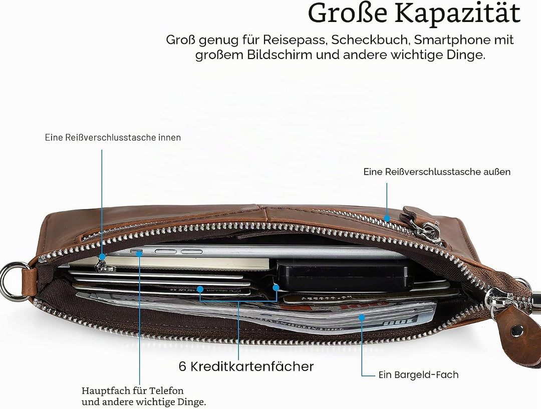 Befen Leder-Clutch, Geldbörse, kleine Umhängetasche für Damen Crazy Horse Leder - Braun, Crazy Horse