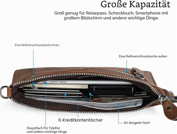 Befen Leder-Clutch, Geldbörse, kleine Umhängetasche für Damen Crazy Horse Leder - Braun, Crazy Horse