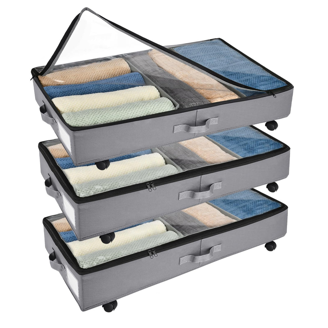 3 Stück Unterbett Aufbewahrung, Unterbettkommode mit Rollen 360° Drehung and Metallrahmen, Faltbare