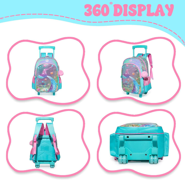 HTgroce Trolley Rucksack Mit Rollen, Federmäppchen, LunchTasche 3 in 1 Leicht Rolling Schulranzen fü