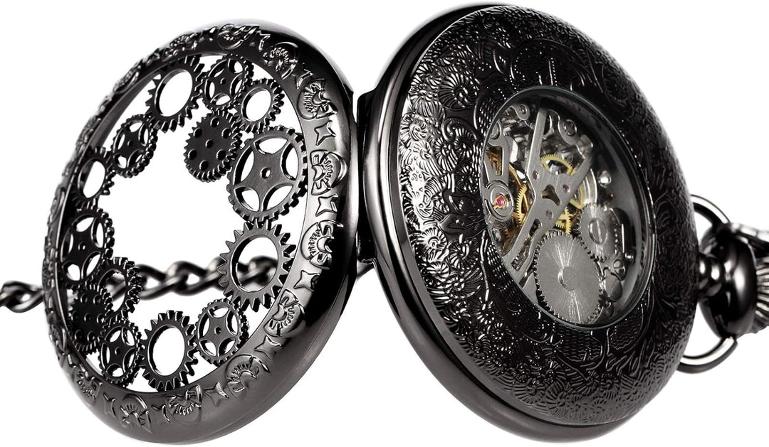 TREEWETO Mechanische Skelett-Taschenuhr für Herren und Damen, Bronze-Ausrüstung, hohles Gehäuse, Ste