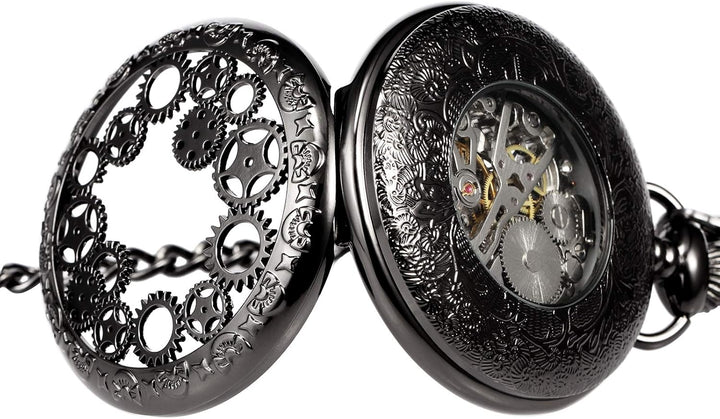 TREEWETO Mechanische Skelett-Taschenuhr für Herren und Damen, Bronze-Ausrüstung, hohles Gehäuse, Ste