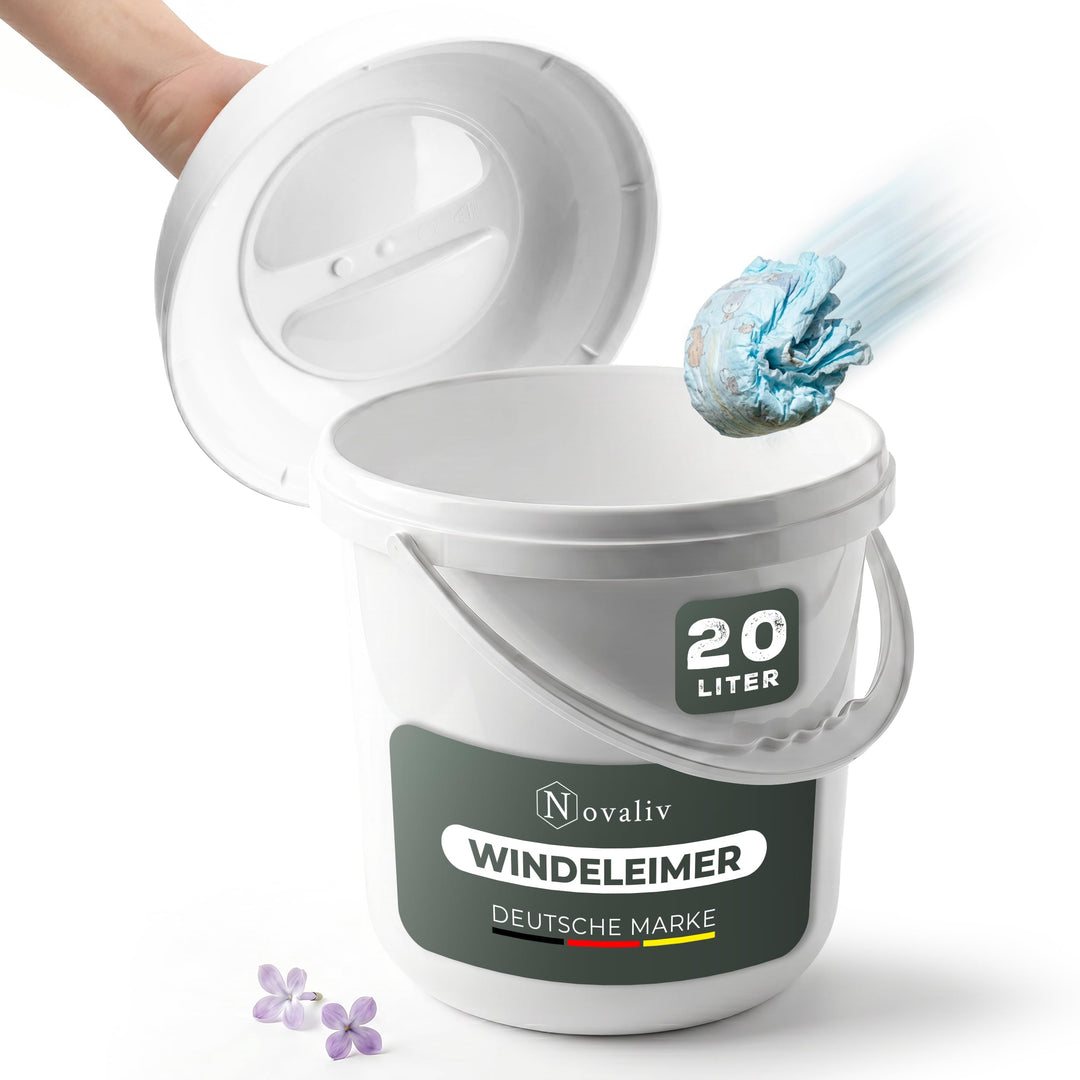 Novaliv Windeleimer geruchsdicht 20 L – grosser Windelmülleimer ohne Kassette mit Deckel &amp; Griff für