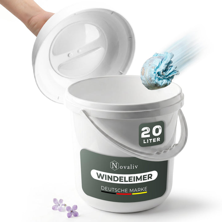 Novaliv Windeleimer geruchsdicht 20 L – grosser Windelmülleimer ohne Kassette mit Deckel &amp; Griff für