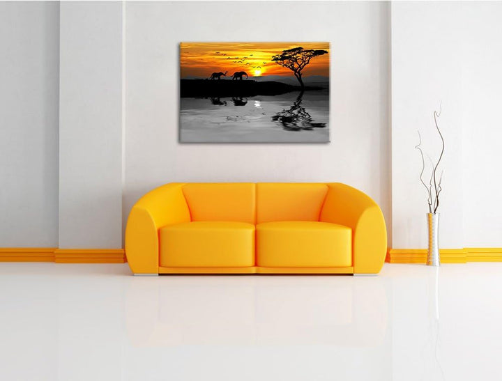 Afrikanische Steppe mit Elefanten schwarz/weiss Format: 100x70 auf Leinwand, XXL riesige Bilder fert