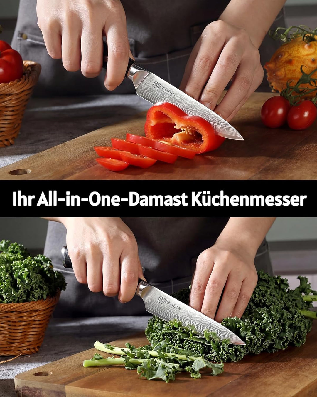 PAUDIN Damastmesser 13 cm Allzweckmesser Chefmesser Kochmesser profi Küchenmesser scharfes Messer mi
