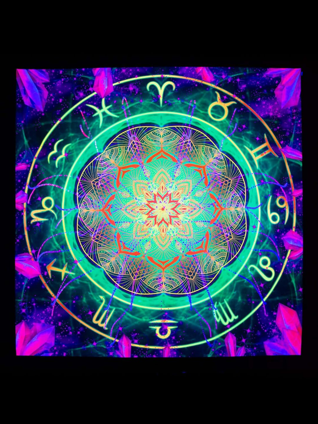 PSYWORK Schwarzlicht Stoffposter Neon | Zodiac Signs Green | 3 x 3m | UV-aktiv | fluoreszierend | Wa