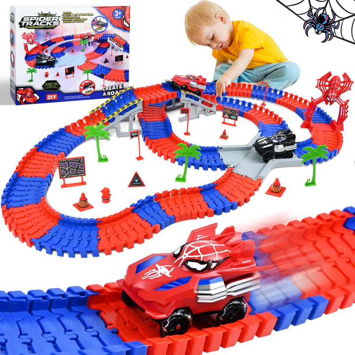 PATEMZON Autorennbahn Spielzeug, Spide Triebwagen, Autobahn Spielzeug mit 2 Autos, 208 PCS Flexibel