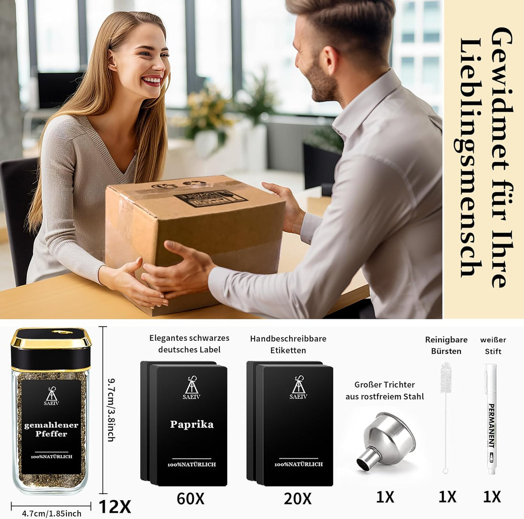 SIAZIH Gewürzstreuer mit Edel Schwarzgoldener Deckel, Gewürzgläser Gold (12x120ml), Gewürzbehälter S