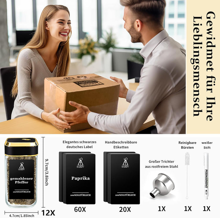 SIAZIH Gewürzstreuer mit Edel Schwarzgoldener Deckel, Gewürzgläser Gold (12x120ml), Gewürzbehälter S