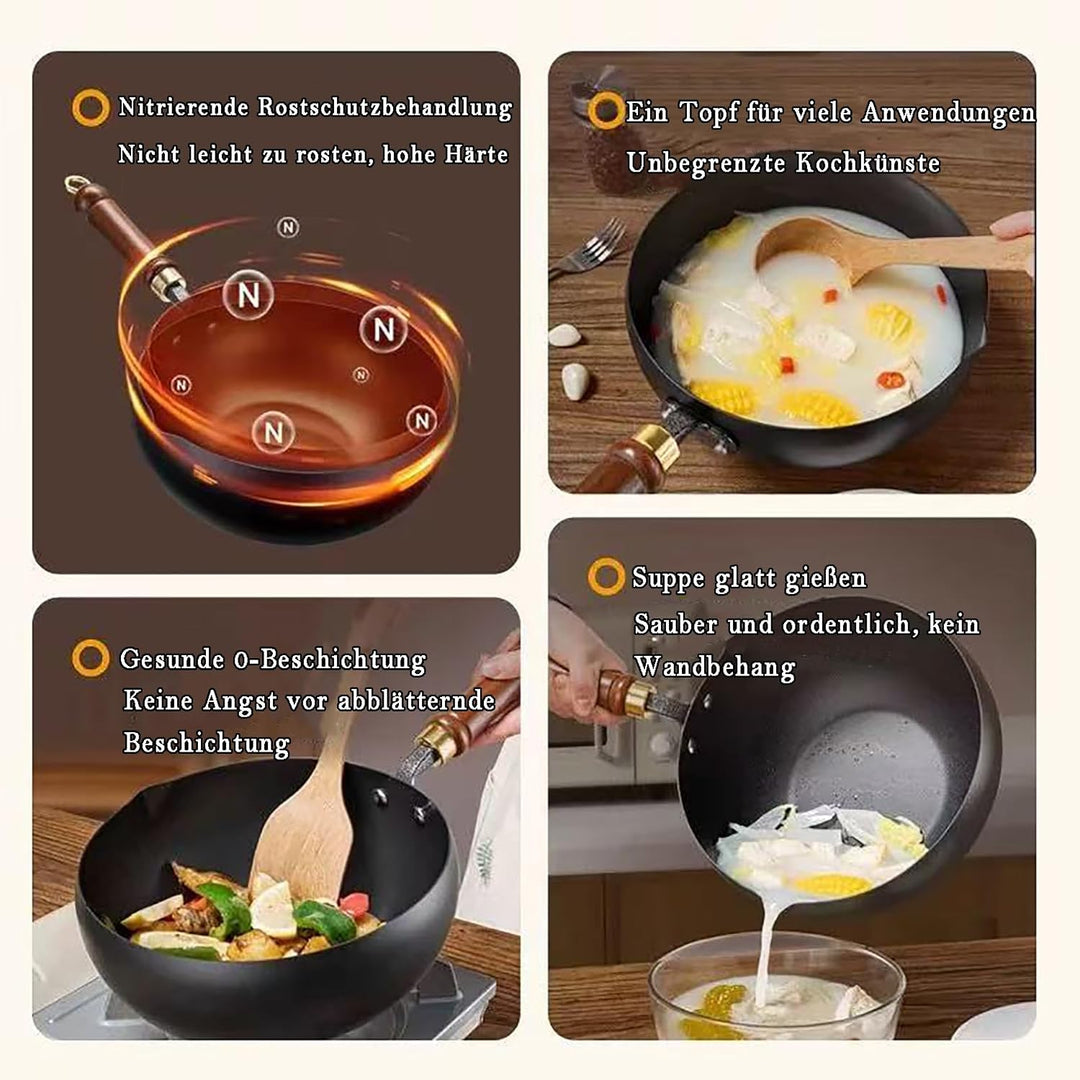 Suppentopf Handgeschmiedeter Topf Eisenpfanne mit Holzgriff: Grosser Bauch Topf Induktionstauglich R