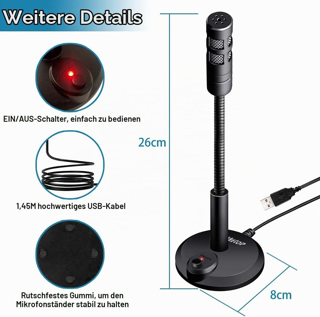 Veetop USB Mikrofon PC und Laptop, Standmikrofon mit 360 Grad Aufnahmefähigkeit, Rauschunterdrückung