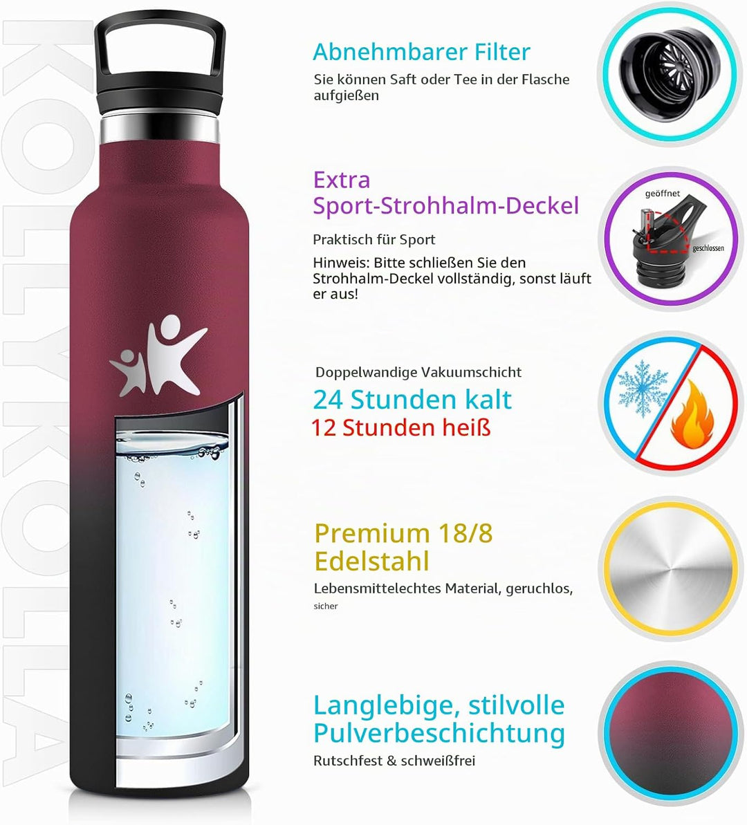 KollyKolla Edelstahl Trinkflasche 1L, Auslaufsichere Wasserflasche mit Strohhalm, Kohlensäure Geeign
