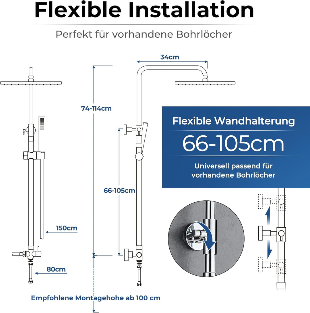 Görbach Edelstahl Regendusche Duschsystem ohne Armatur, Chrom Regendusche Set Wassersparend, Höhenve