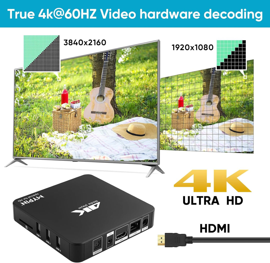 MYPIN 4K@60hz MP4 Media Player Unterstützt 8TB HDD/256G USB-Laufwerk/SD-Karte mit HDMI/AV-Ausgang fü