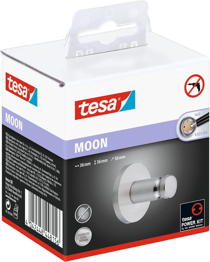 tesa Moon Klebehaken, verchromt, runde Form - Bad-Haken zur Wandbefestigung ohne Bohren, inkl. Klebe