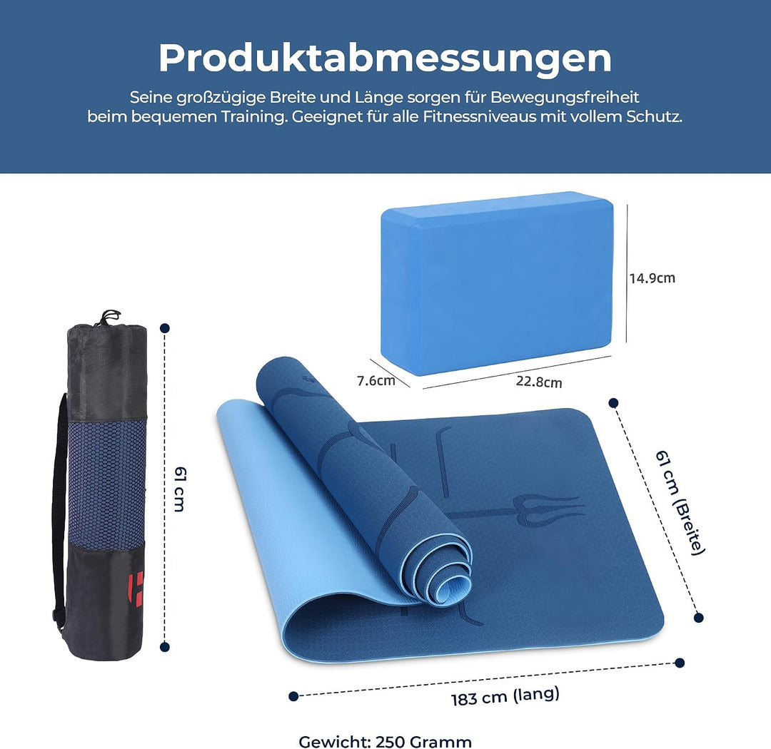 Habib Yogamatte Set mit Yogablöcken – Rutschfeste gepolsterte Fitnessmatte inkl. Tragetasche mit Sch