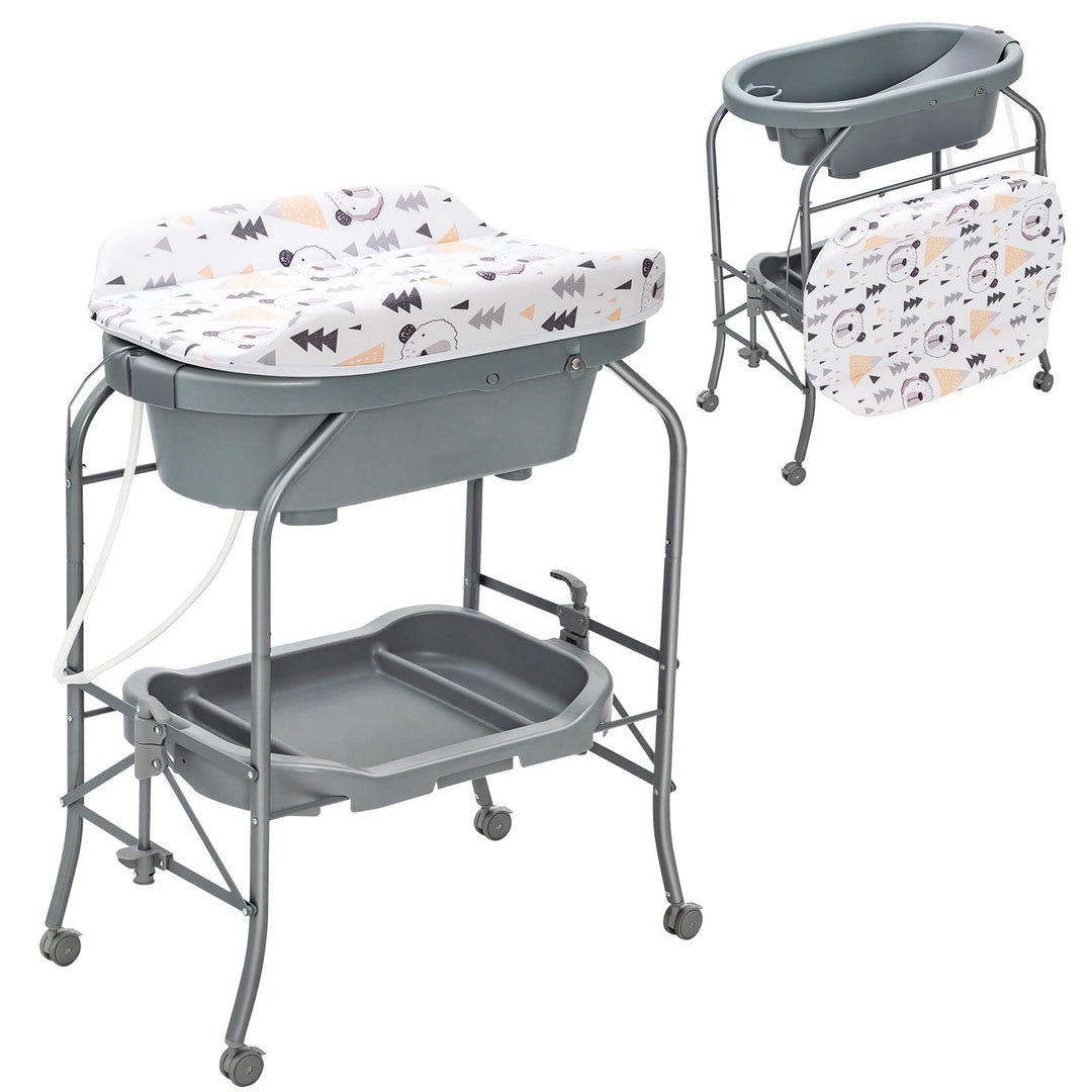 DREAMADE 2 in 1 Wickeltisch & Badewanne mit Gestell, Wickeltisch Klappbar, Wickelkommode auf Rollen