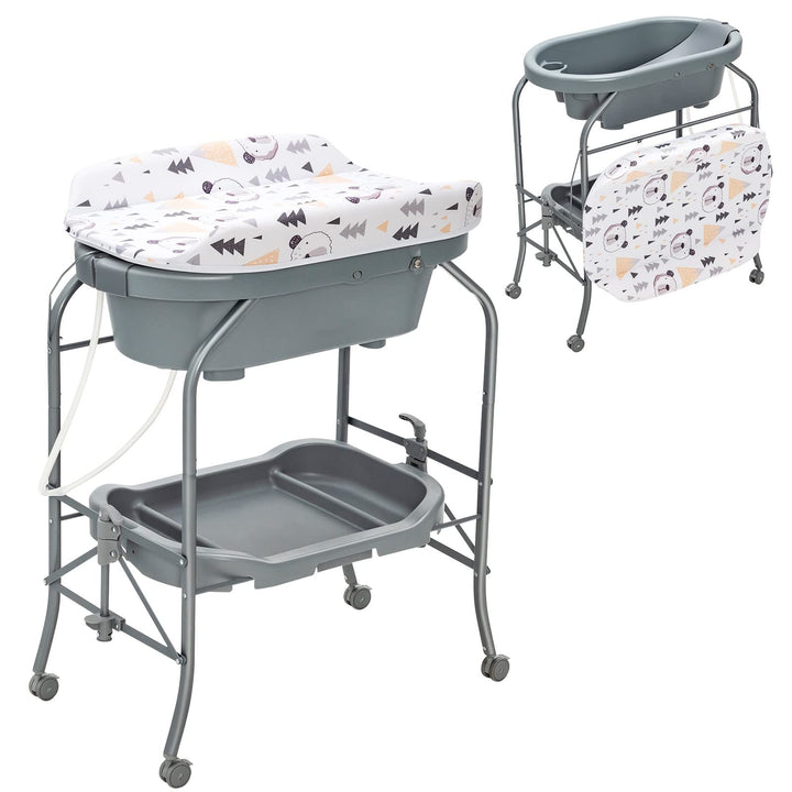 DREAMADE 2 in 1 Wickeltisch & Badewanne mit Gestell, Wickeltisch Klappbar, Wickelkommode auf Rollen